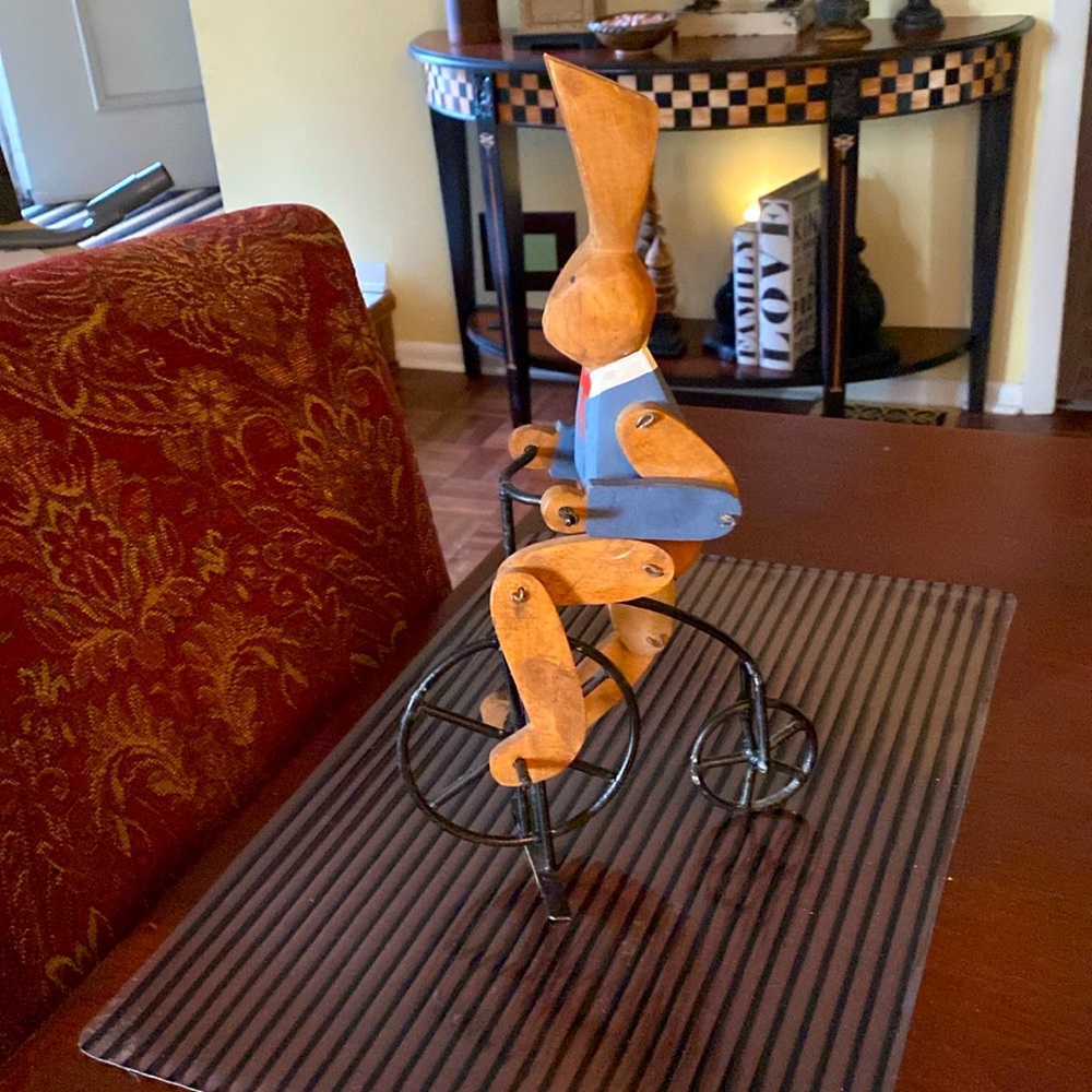 13” Folk Art Hand Made and Painted Rabbit on an Iron Bicycle